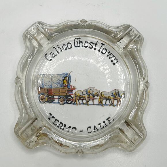 Rare VNTG Calico Ghost Town Mine Yermo California Clear Ashtray Cowboy Graphic - Picture 2 of 5